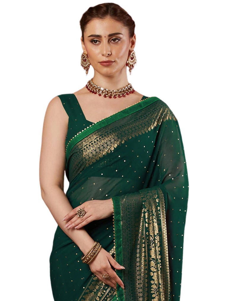 SIRIL Women's Georgette Foil Printed Saree with Unstitched Blouse Piece (4402S3154_Dark Green) - Image 1