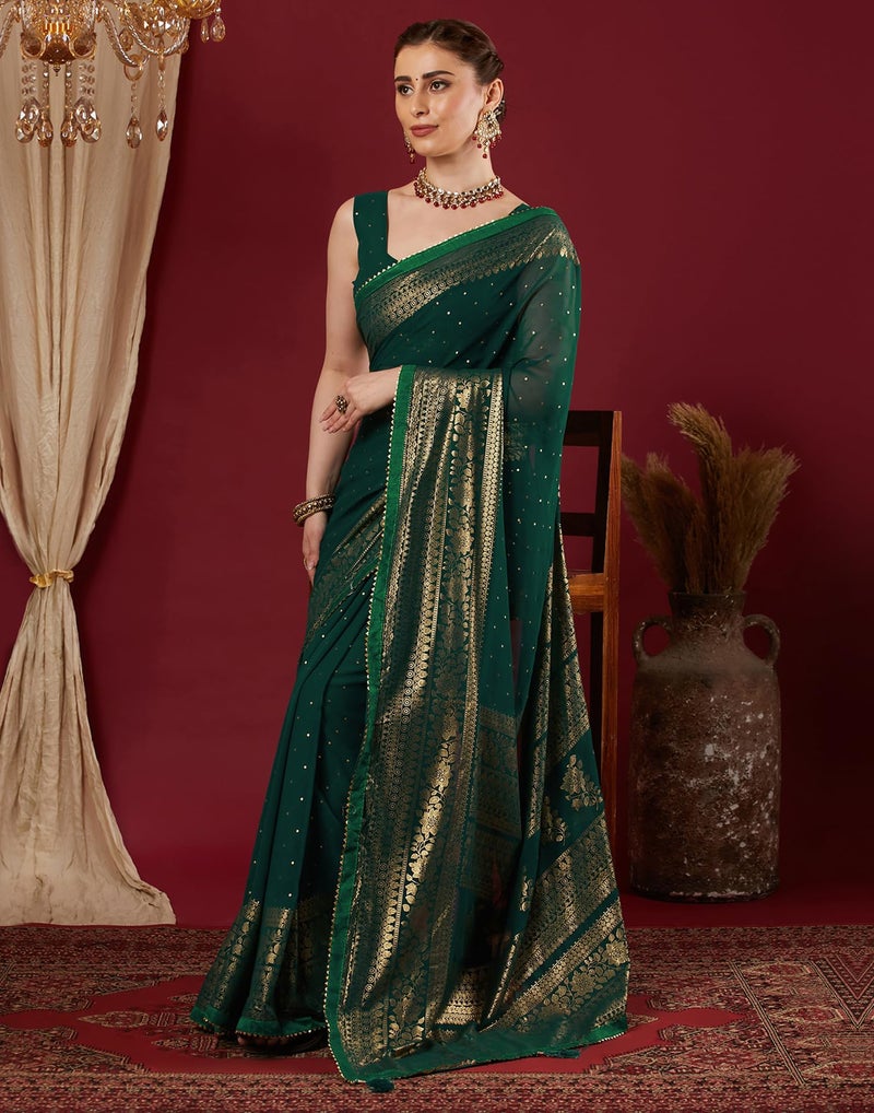 SIRIL Women's Georgette Foil Printed Saree with Unstitched Blouse Piece (4402S3154_Dark Green) - Image 2