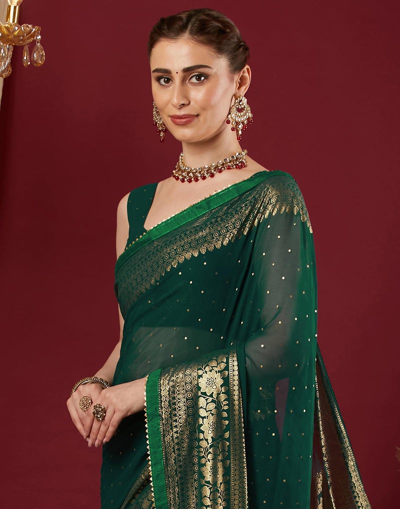 SIRIL Women's Georgette Foil Printed Saree with Unstitched Blouse Piece (4402S3154_Dark Green) - Image 4