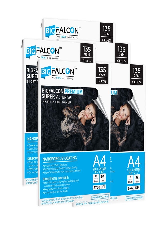 BIGFALCON Premium 135 GSM Super Self-Adhesive High Glossy Inkjet Sticker Photo Paper A4 (210x297mm) -100 Sheets - Image 1