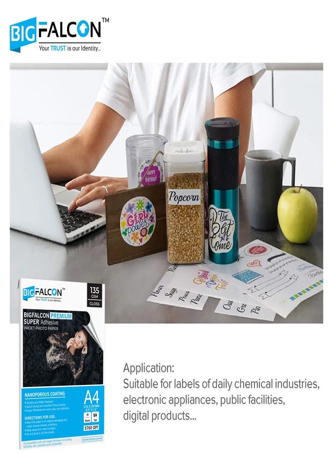 BIGFALCON Premium 135 GSM Super Self-Adhesive High Glossy Inkjet Sticker Photo Paper A4 (210x297mm) -100 Sheets - Image 3