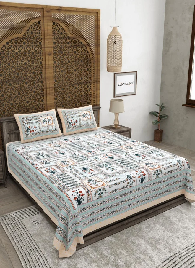 CLOTHOLOGY CLOTHOLOGY Orange & Green Floral Pure Cotton 180 TC King Bedsheet Set