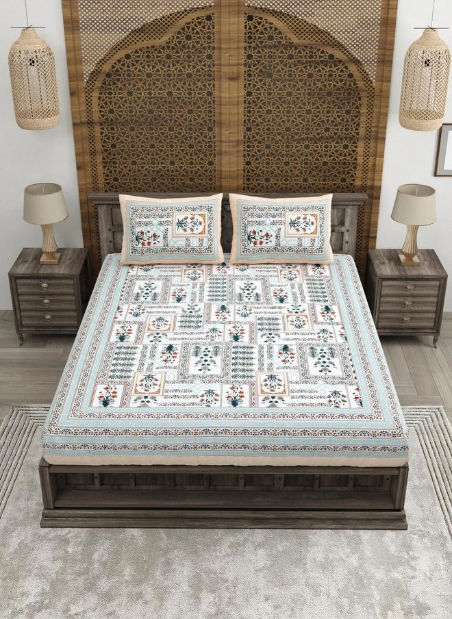 CLOTHOLOGY CLOTHOLOGY Orange & Green Floral Pure Cotton 180 TC King Bedsheet Set