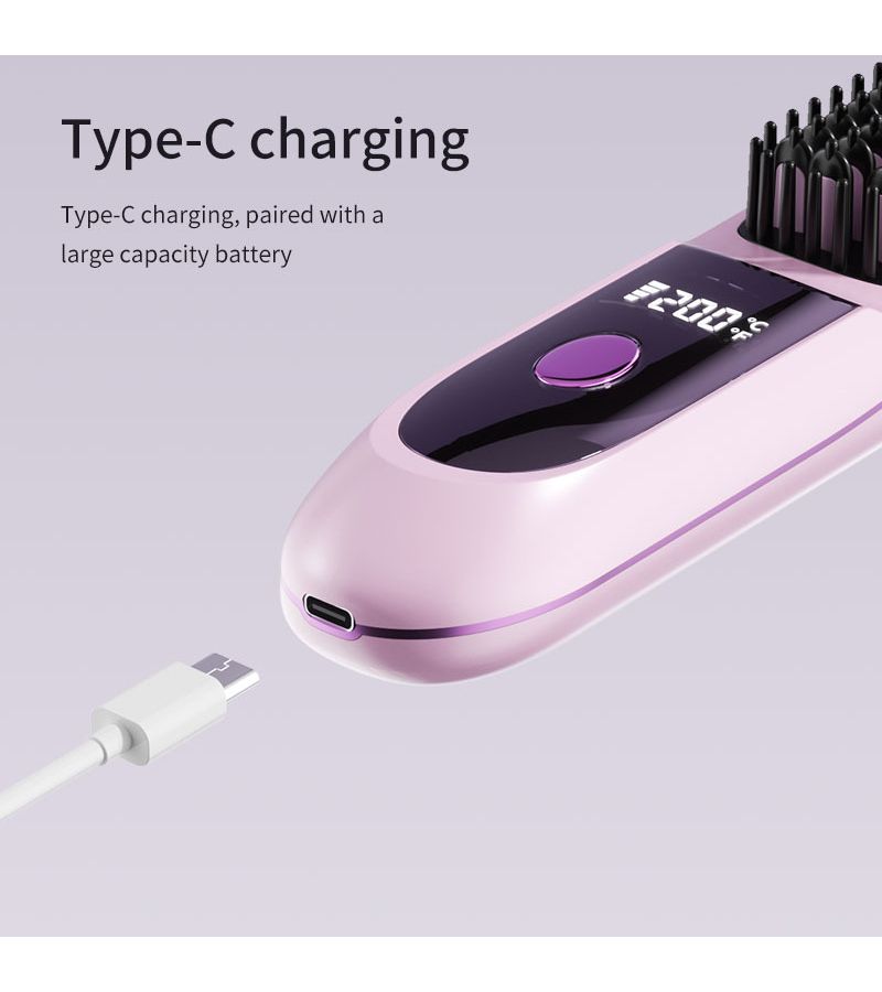 Purple Cordless Hair Straightening Brush 20s Fast Heat Up 3 Temp Settings LCD Screen 3d Anti Scald Comb Type C Charging 2600mah Battery For Home Travel Salon Styling Tool Women Ladies - Image 2