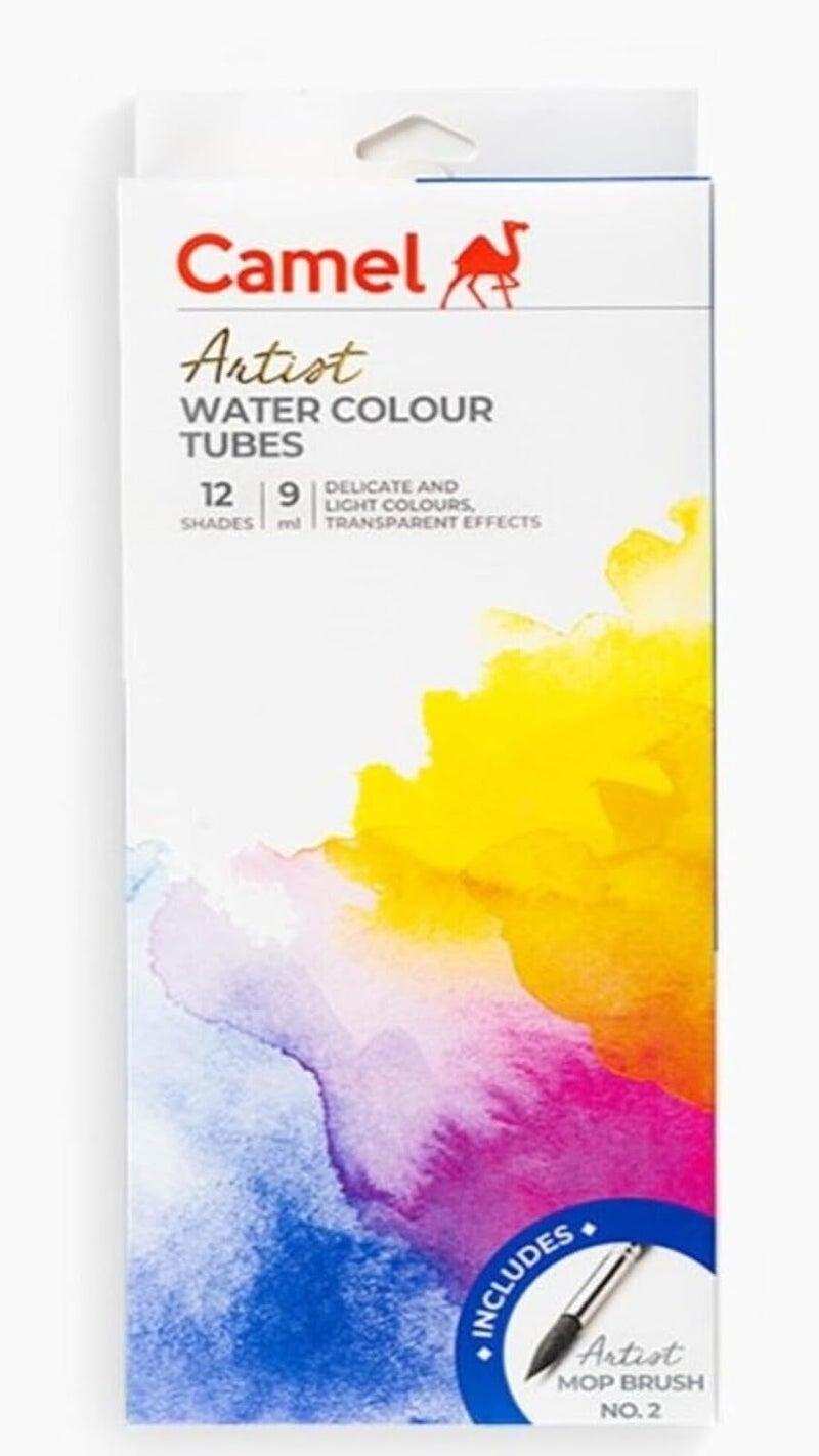 Camel Artist Water Colours Tubes Assorted Pack of 12 Shades 9ml Each Delicate And Light Colours Transparent Effects - Image 1
