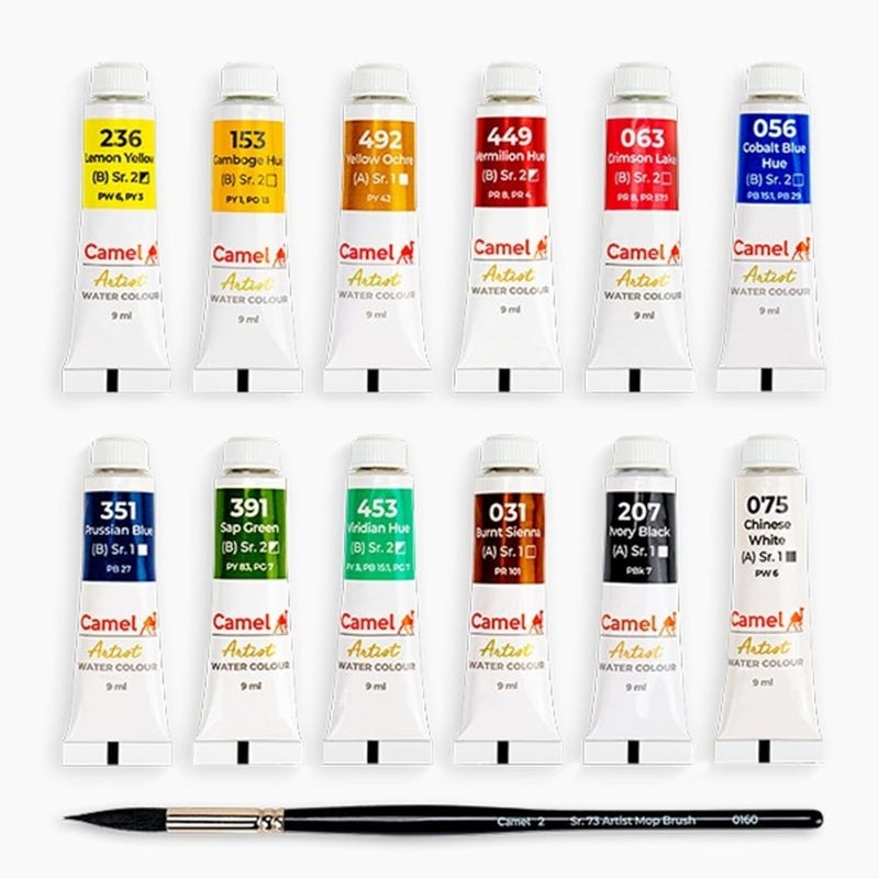 Camel Artist Water Colours Tubes Assorted Pack of 12 Shades 9ml Each Delicate And Light Colours Transparent Effects - Image 2