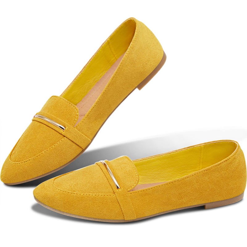 Obtaom Women's Pointy Toe Loafer Flat Comfortable Faux Suede Work Shoes,Cute Penny Loafer Slip On Ballet Flat(Mustard US7) - Image 1