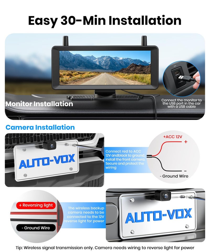 AUTO-VOX 2 Wireless Backup Camera: 7.2" USB-Powered Dual Split-Screen 1080P HD Monitor with DVR Recording, Front and Rear Coverage, Stable Signal, Back Up Camera for Pickup, Trailer, SUV - Image 4