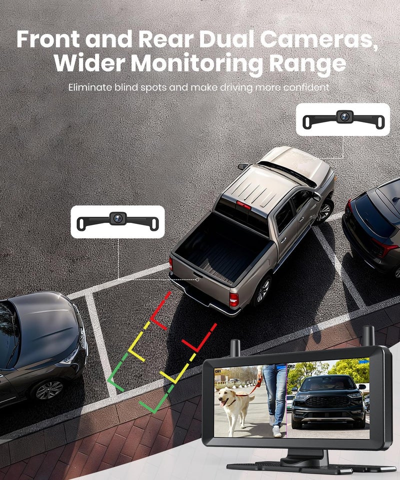 AUTO-VOX 2 Wireless Backup Camera: 7.2" USB-Powered Dual Split-Screen 1080P HD Monitor with DVR Recording, Front and Rear Coverage, Stable Signal, Back Up Camera for Pickup, Trailer, SUV - Image 2