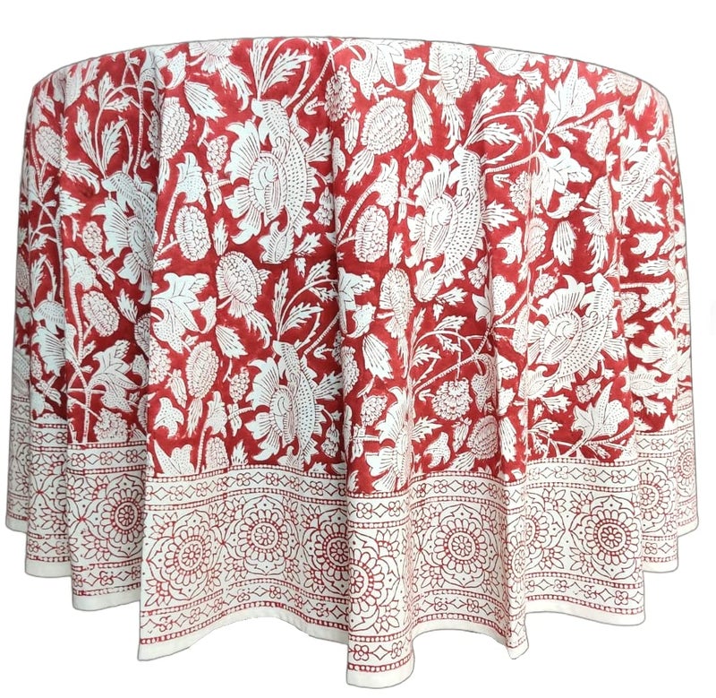 Atosii Meraki Red 100% Cotton Round Tablecloth  Handblock Print Floral Table Cloth For Kitchen Dining Linen I Parties  Weddings  Outdoors I 90"" Inches Round - Image 2