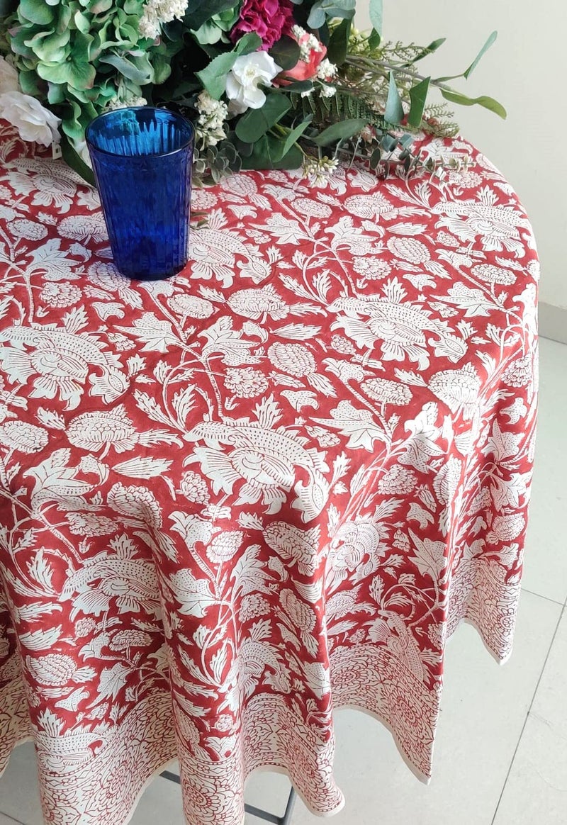Atosii Meraki Red 100% Cotton Round Tablecloth  Handblock Print Floral Table Cloth For Kitchen Dining Linen I Parties  Weddings  Outdoors I 90"" Inches Round - Image 3