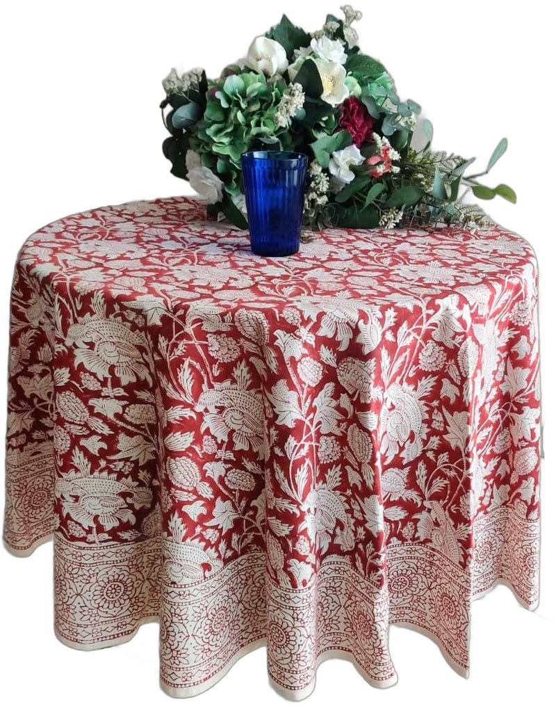 Atosii Meraki Red 100% Cotton Round Tablecloth  Handblock Print Floral Table Cloth For Kitchen Dining Linen I Parties  Weddings  Outdoors I 90"" Inches Round - Image 1