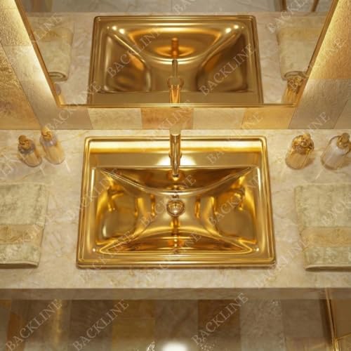 B BACKLINE Backline Luxury Semi-Undercounter Basin | Ceramic Under Counter Wash Basin With Overflow | Undermount Bathroom Sink 51 x 40 x 18 Cm (Gold Glossy) - Image 4