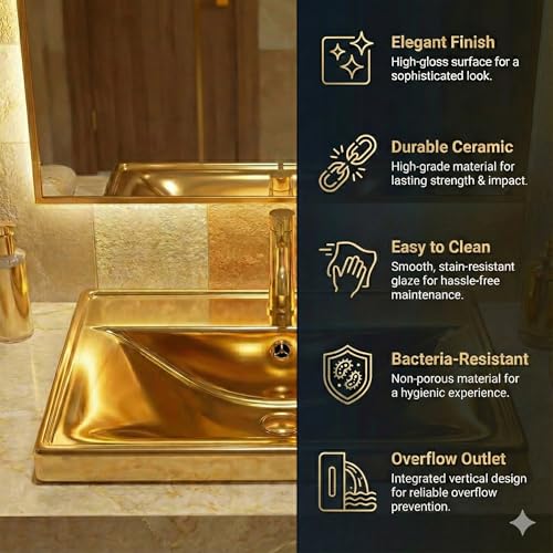 B BACKLINE Backline Luxury Semi-Undercounter Basin | Ceramic Under Counter Wash Basin With Overflow | Undermount Bathroom Sink 51 x 40 x 18 Cm (Gold Glossy) - Image 3