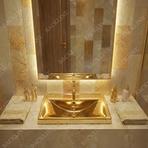 B BACKLINE Backline Luxury Semi-Undercounter Basin | Ceramic Under Counter Wash Basin With Overflow | Undermount Bathroom Sink 51 x 40 x 18 Cm (Gold Glossy) - Image 2