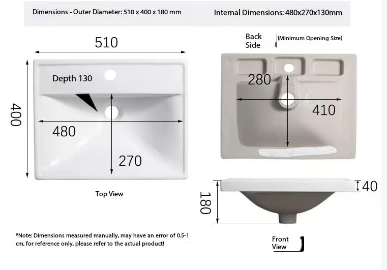 B BACKLINE Backline Luxury Semi-Undercounter Basin | Ceramic Under Counter Wash Basin With Overflow | Undermount Bathroom Sink 51 x 40 x 18 Cm (Gold Glossy) - Image 5