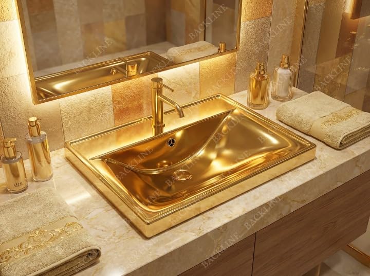 B BACKLINE Backline Luxury Semi-Undercounter Basin | Ceramic Under Counter Wash Basin With Overflow | Undermount Bathroom Sink 51 x 40 x 18 Cm (Gold Glossy) - Image 1
