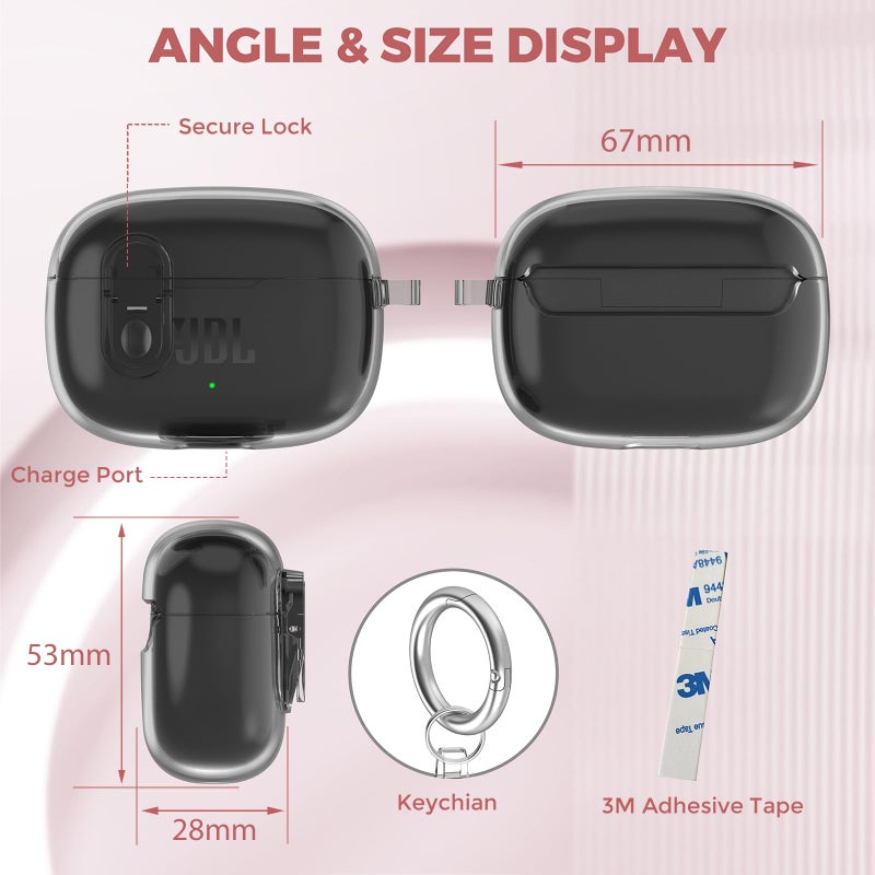OTOPO Compatible with JBL Vibe 200TWS/JBL Vibe Beam /Beam 2 Case Cover Clear Lock Clip with Cleaner Kit, Transparent TPU Protective Cover Men Women with Carabiner for JBL Vibe Beam 2 Charging Case - Black - Image 5