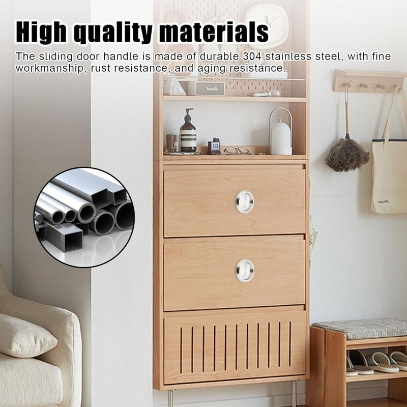 2Pcs Set 68mm Round 304 Stainless Steel Concealed Pull Handle For Sliding Wardrobe Door - Image 3