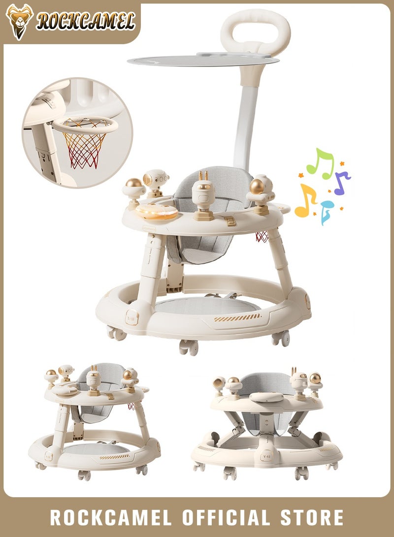 ROCKCAMEL 3 in 1 Foldable Baby Walker with Parental Push Handle, Food Tray, Sunshade, Footrest, Adjustable Height, Lights & Musical, Toddler Sit-to-Stand Activity Walker for Kids 7-18 Months (Beige) - Image 1