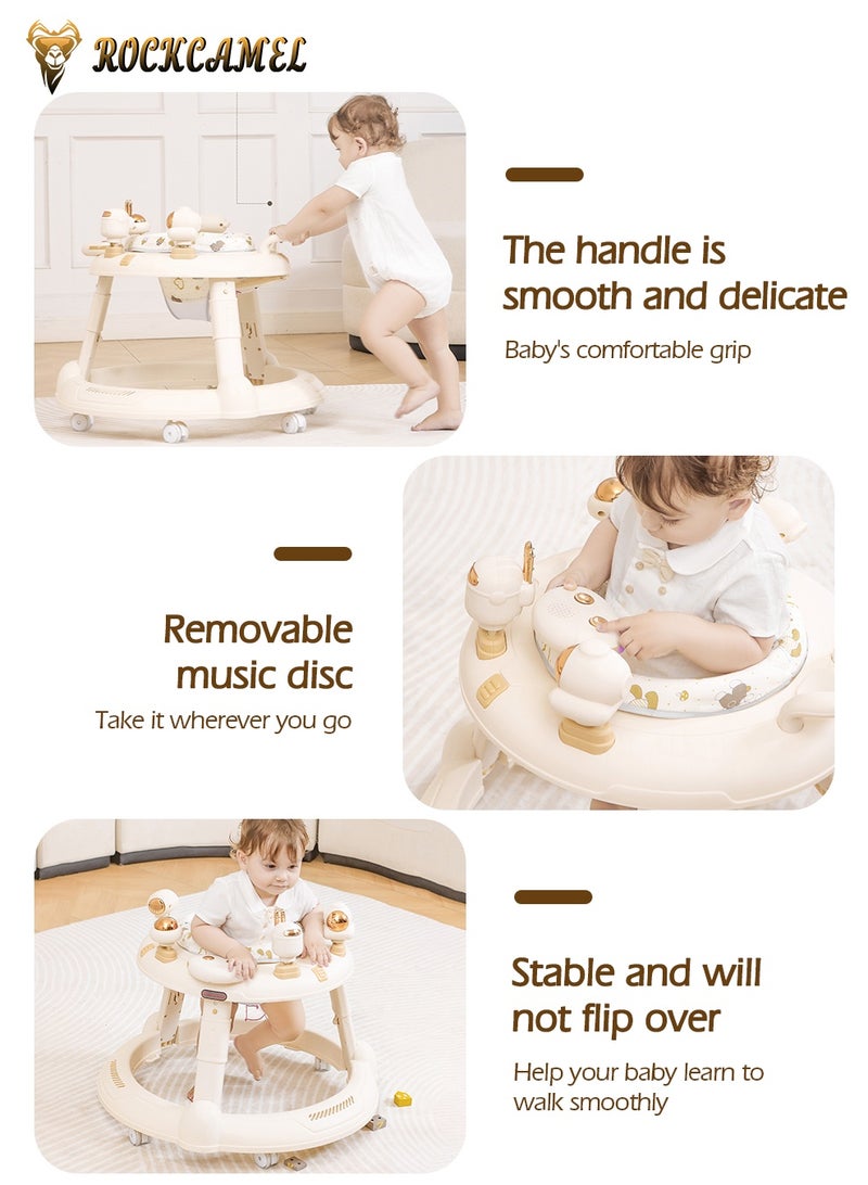ROCKCAMEL 3 in 1 Foldable Baby Walker with Parental Push Handle, Food Tray, Sunshade, Footrest, Adjustable Height, Lights & Musical, Toddler Sit-to-Stand Activity Walker for Kids 7-18 Months (Beige) - Image 3