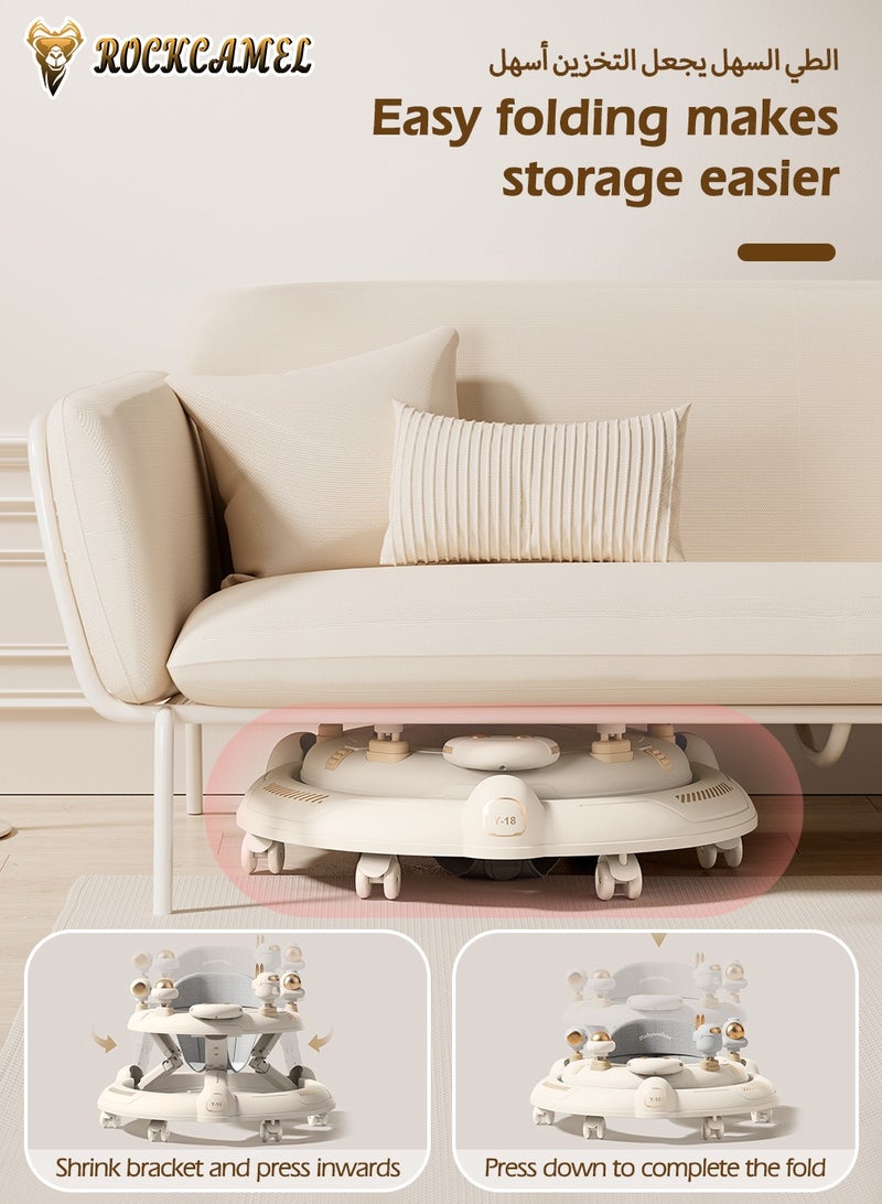 ROCKCAMEL 3 in 1 Foldable Baby Walker with Parental Push Handle, Food Tray, Sunshade, Footrest, Adjustable Height, Lights & Musical, Toddler Sit-to-Stand Activity Walker for Kids 7-18 Months (Beige) - Image 4