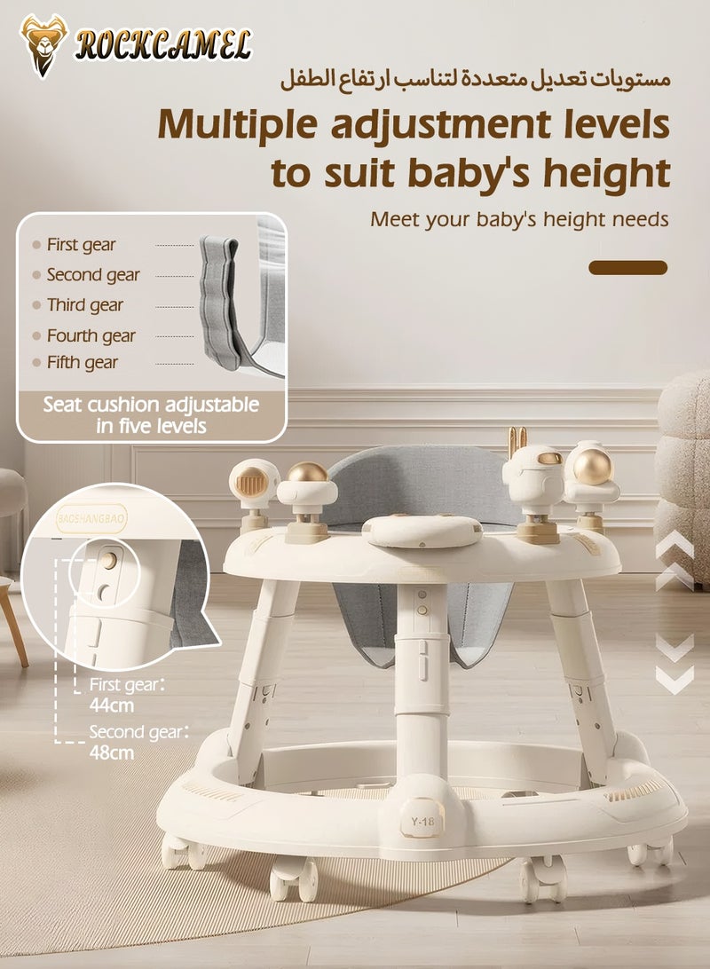 ROCKCAMEL 3 in 1 Foldable Baby Walker with Parental Push Handle, Food Tray, Sunshade, Footrest, Adjustable Height, Lights & Musical, Toddler Sit-to-Stand Activity Walker for Kids 7-18 Months (Beige) - Image 5