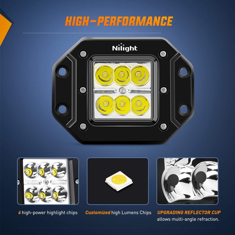 Nilight 2PCS 18W Spot LED Work Light Driving Lights Led Light Bar Off Road Led Lights Flush Mount for Jeep Truck Tacoma Bumper ATV UTV,2 Years Warranty - Image 3