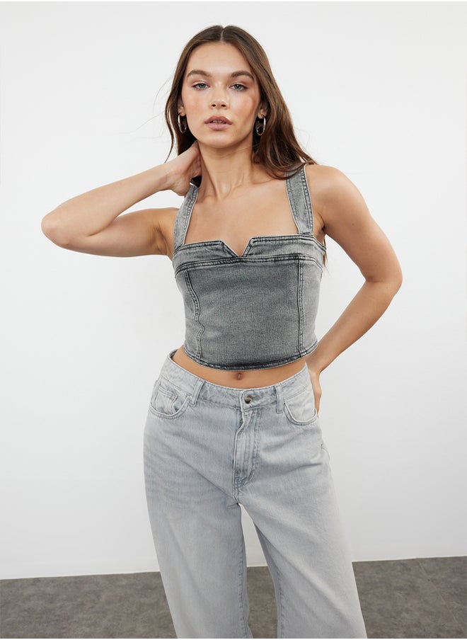 trendyol - Grey Stitch Detail Crop Denim Bustier TWOSS24BS00018 - Image 1