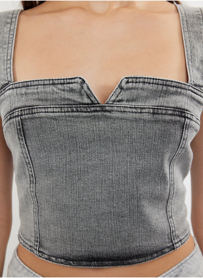 trendyol - Grey Stitch Detail Crop Denim Bustier TWOSS24BS00018 - Image 1
