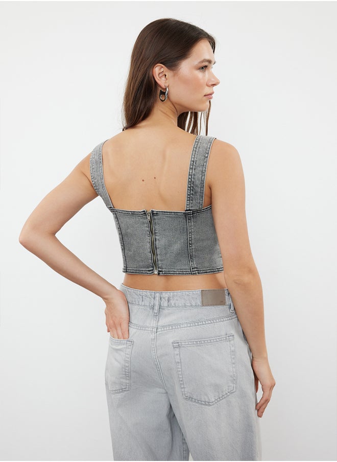 trendyol - Grey Stitch Detail Crop Denim Bustier TWOSS24BS00018 - Image 1