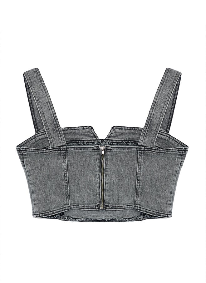 trendyol - Grey Stitch Detail Crop Denim Bustier TWOSS24BS00018 - Image 1
