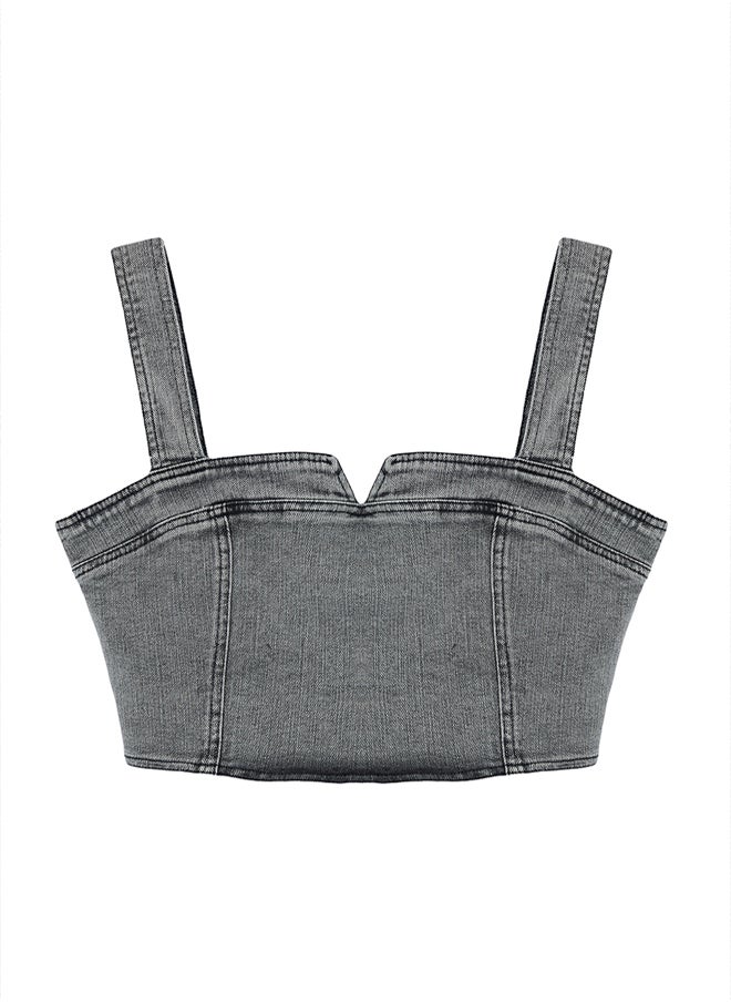 trendyol - Grey Stitch Detail Crop Denim Bustier TWOSS24BS00018 - Image 1