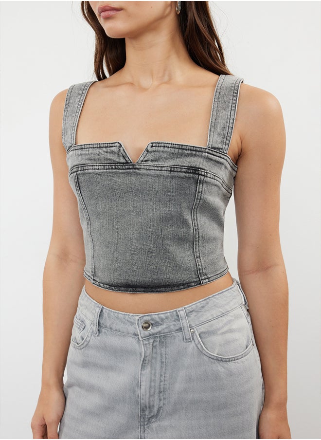 trendyol - Grey Stitch Detail Crop Denim Bustier TWOSS24BS00018 - Image 1
