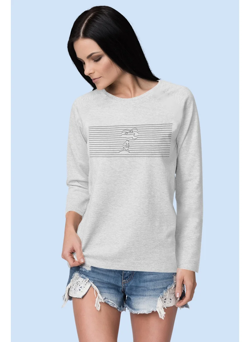 روك اند رول Striped Dog Gray Crew Neck Long Sleeve Women's T-Shirt