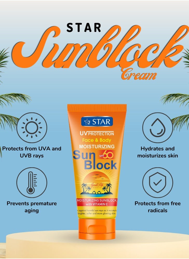 SZ Star - Face and Body Sunscreen SPF 60 - Moisturizing Sunblock with Vitamin E & Zinc Oxide - Broad Spectrum UVA/UVB Protection - Non-Greasy, Lightweight & Fast Absorbing - Ideal for Sensitive Skin (170g) - Image 1