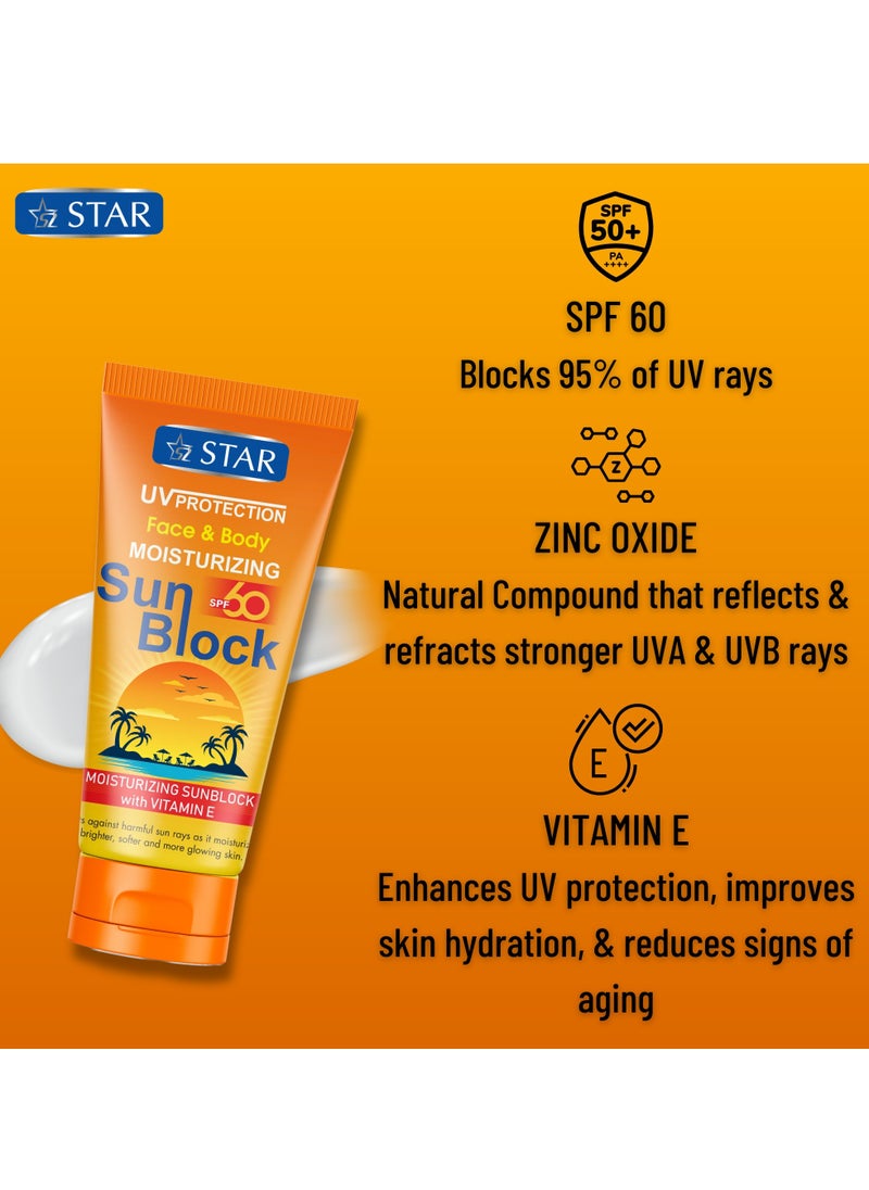 SZ Star - Face and Body Sunscreen SPF 60 - Moisturizing Sunblock with Vitamin E & Zinc Oxide - Broad Spectrum UVA/UVB Protection - Non-Greasy, Lightweight & Fast Absorbing - Ideal for Sensitive Skin (170g) - Image 1