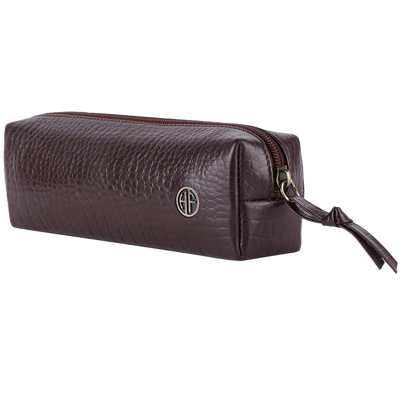 HAMMONDS FLYCATCHER Leather Utility Pouch - Multi-Use Genuine Leather Pencil Case, Cosmetic, Stationery, Coin & Makeup Brush Pouch for Women & Men - School & Office Organizer - Croc Redwood - Image 1