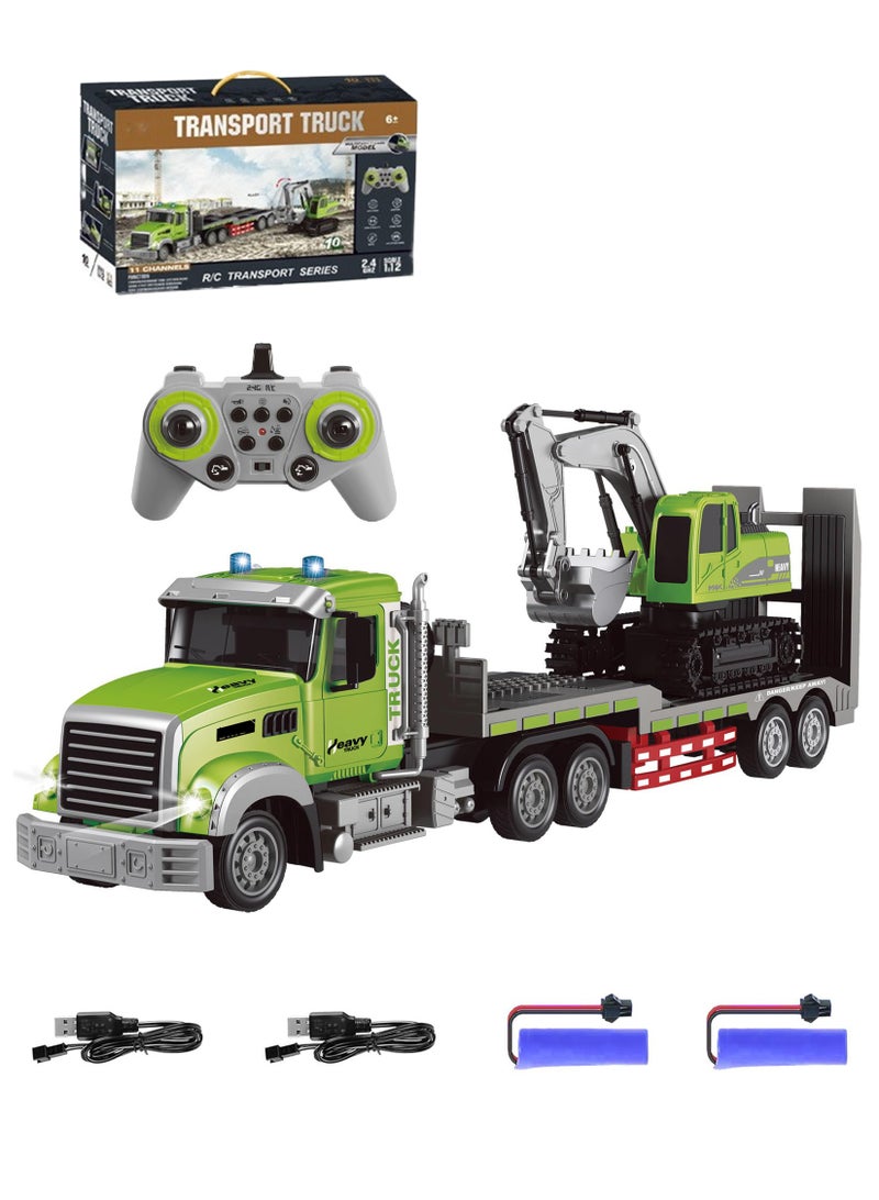 والالا مجموعة ألعاب شاحنة مقطورة وحفارة تعمل بالتحكم عن بعد، بمقياس 1:12 مع صوت وأضواء، وجهاز تحكم عن بعد بتردد 2.4 جيجاهرتز، ألعاب شاحنة مسطحة وحفارة للأولاد من سن 6 إلى 12 عامًا - Image 1