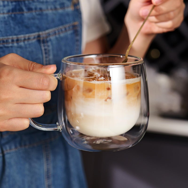 CNGLASS 16oz Double Walled Glass Coffee Mugs(4-pack),Large Clear Coffee Cups with Handle,Glass Espresso Mugs for Latte,Cappuccino,Tea - Image 2