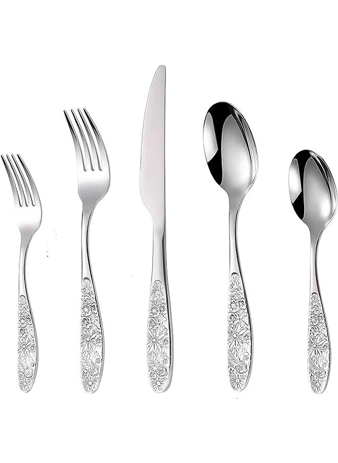 vesus Kitchen Cutlery Stainless Steel Knife Fork And Spoon Embossed Silverware Fork And Knife Set Silver Cutlery Set Of 5 Pieces Set (Silver)  - Image 1