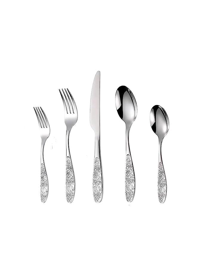 vesus Kitchen Cutlery Stainless Steel Knife Fork And Spoon Embossed Silverware Fork And Knife Set Silver Cutlery Set Of 5 Pieces Set (Silver)  - Image 2