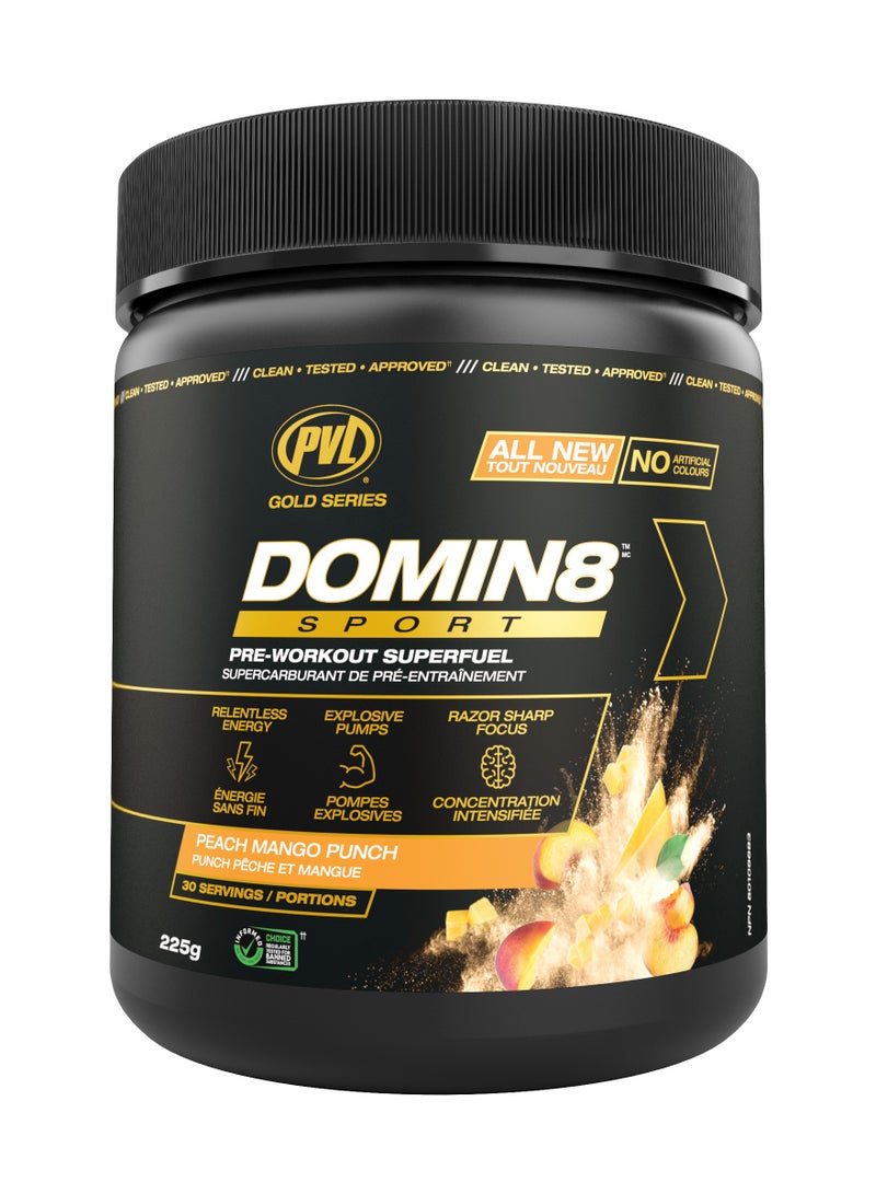PVL Gold Series DOMIN8 Sport Pre-workout 225g - Peach Mango Punch