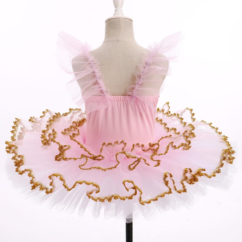 IBAKOM Girl Swan Lake Ballet Dance Dress Flutter Sleeve Gold Lace Pancake Platter Tutu Little Ballerina Recital Gymnastic Leotard Dance Outfits Kids School Ballet Class Dress Pink+Gold 5-6 Years - Image 4