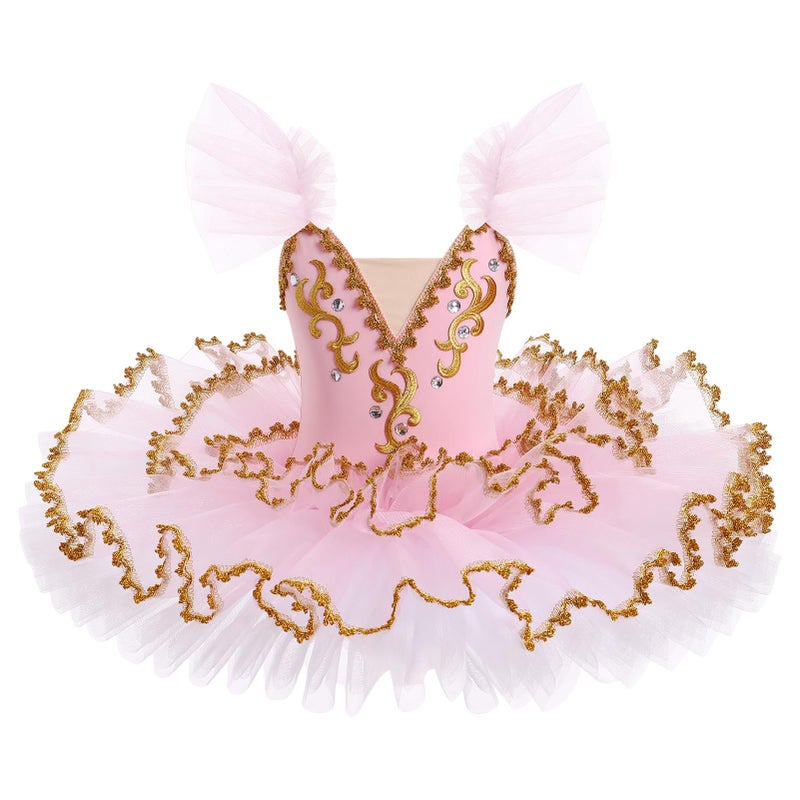 IBAKOM Girl Swan Lake Ballet Dance Dress Flutter Sleeve Gold Lace Pancake Platter Tutu Little Ballerina Recital Gymnastic Leotard Dance Outfits Kids School Ballet Class Dress Pink+Gold 5-6 Years - Image 1