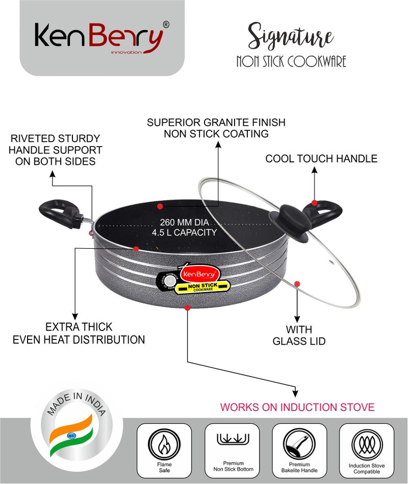 KenBerry Signature Granite Finish Hammertone Coated Induction Stove Friendly Biryani Pot | Stew Pot | Multi layer non stick coated| 26 cm Diameter 4.5 L Capacity with Glass Lid (Aluminium,Induction base, Nonstick) - Image 2