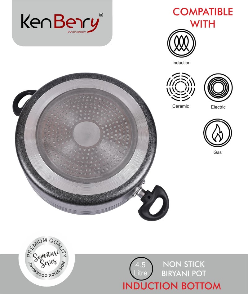 KenBerry Signature Granite Finish Hammertone Coated Induction Stove Friendly Biryani Pot | Stew Pot | Multi layer non stick coated| 26 cm Diameter 4.5 L Capacity with Glass Lid (Aluminium,Induction base, Nonstick) - Image 3