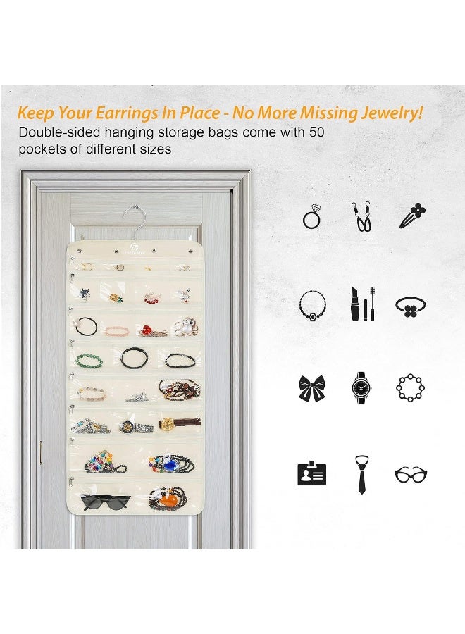 Freegrace Hanging Jewelry Organizer Revolving Hanger - Secure Zipper Closure - 50 Pockets - Foldable Storage & Display Solution - For All Jewelry & Bijoux (Beige) - Image 2