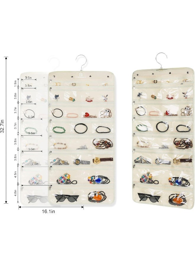 Freegrace Hanging Jewelry Organizer Revolving Hanger - Secure Zipper Closure - 50 Pockets - Foldable Storage & Display Solution - For All Jewelry & Bijoux (Beige) - Image 5