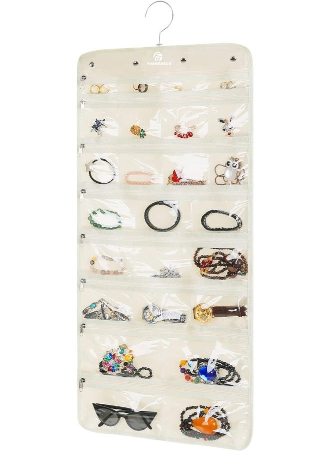 Freegrace Hanging Jewelry Organizer Revolving Hanger - Secure Zipper Closure - 50 Pockets - Foldable Storage & Display Solution - For All Jewelry & Bijoux (Beige) - Image 4